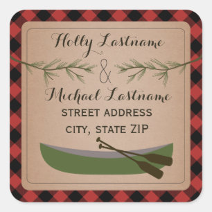Canoe + Evergreen Branch Plaid Address Sticker