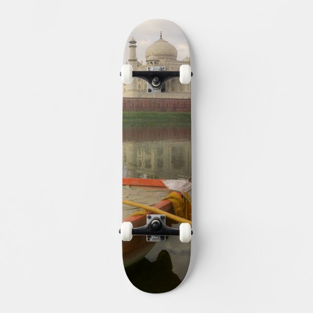 Canoe in water with Taj Mahal, Agra, India Skateboard Deck (Front)