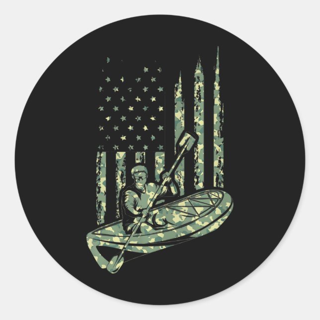 Canoe Kayaker Camouflage US Flag Outdoor Sport Classic Round Sticker (Front)
