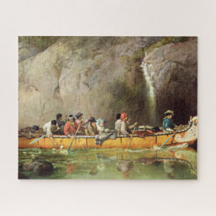 Canoe Manned by Voyageurs Passing a Waterfall Jigsaw Puzzle