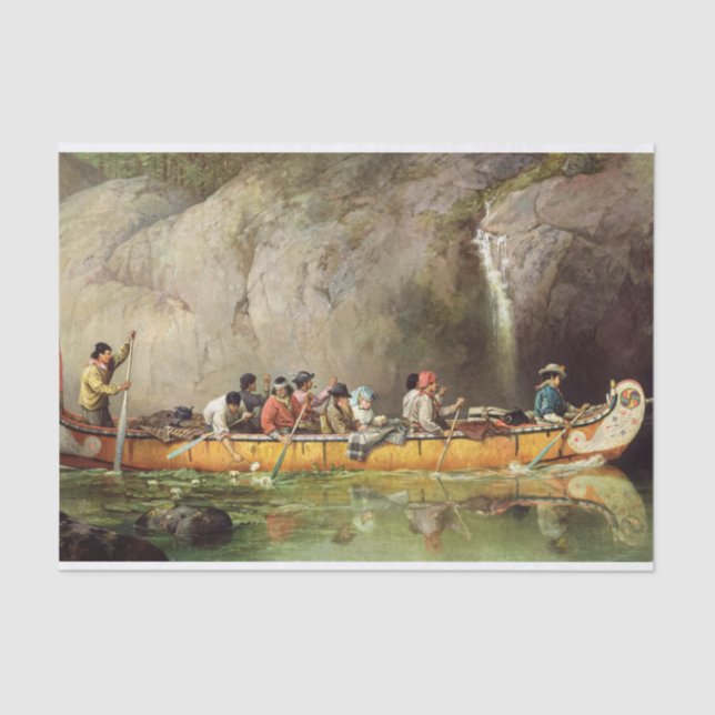 Canoe Manned by Voyageurs Passing a Waterfall Tissue Paper (Front)