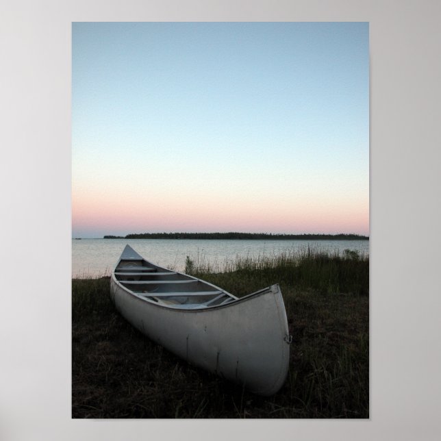 Canoe on Beach at Twilight Poster (Front)
