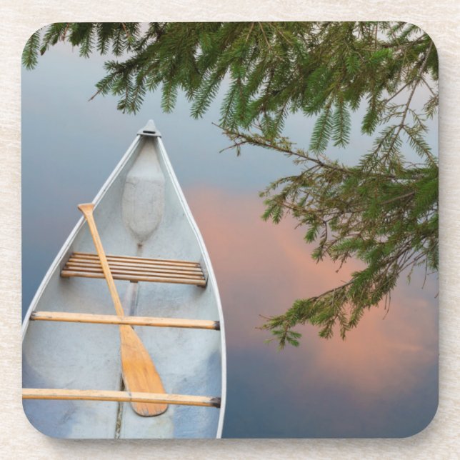 Canoe on lake at sunset, Canada Beverage Coaster (Front)