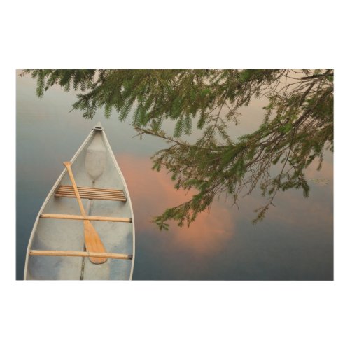 Canoe on lake at sunset Canada Wood Wall Decor
