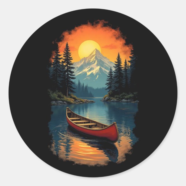 Canoe Splash Adventure – Retro Lake Sunset Classic Round Sticker (Front)