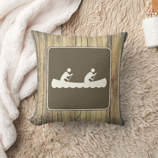 Canoe Symbol Sign on Wood Throw Pillow (Blanket)