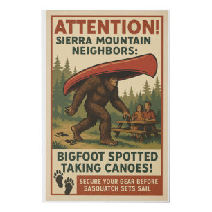Canoe Theft Advisory – Bigfoot Sets Sail! Faux Canvas Print