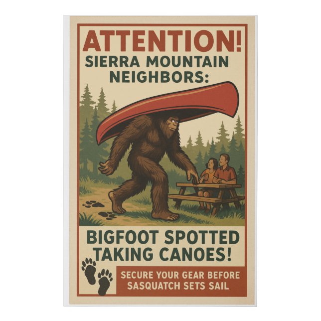 Canoe Theft Advisory – Bigfoot Sets Sail! Faux Canvas Print (Front)