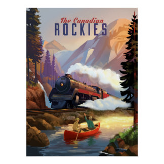 Canoeing by the side of the train tracks. poster