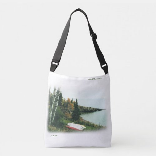 Canoes on a Green Forested Shore  Crossbody Bag