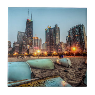 Canoes on Oak Street Beach a little after sunset Ceramic Tile