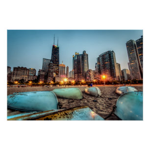 Canoes on Oak Street Beach a little after sunset Poster