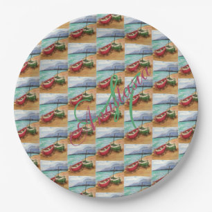 CANOES STRANDED ON THE BEACH MONOGRAM PARTY PAPER PLATES