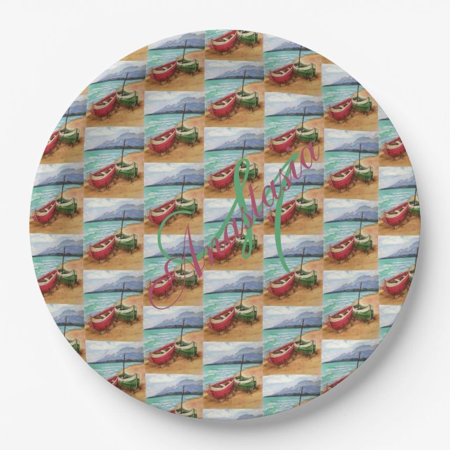 CANOES STRANDED ON THE BEACH MONOGRAM PARTY PAPER PLATES (Front)
