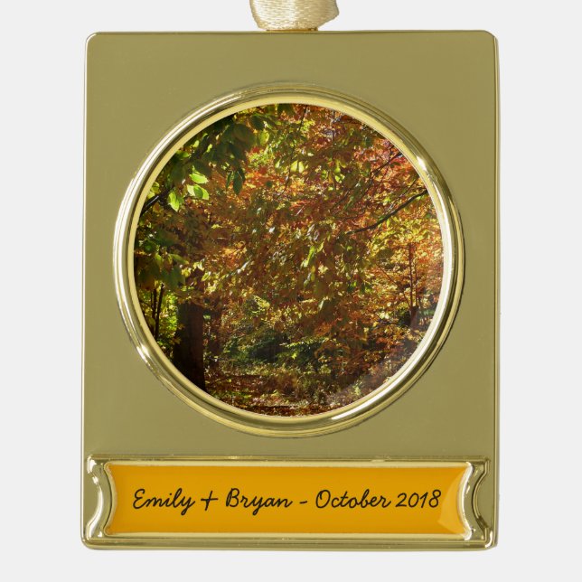 Canopy of Fall Leaves II Yellow Autumn Photography Gold Plated Banner Ornament (Front)