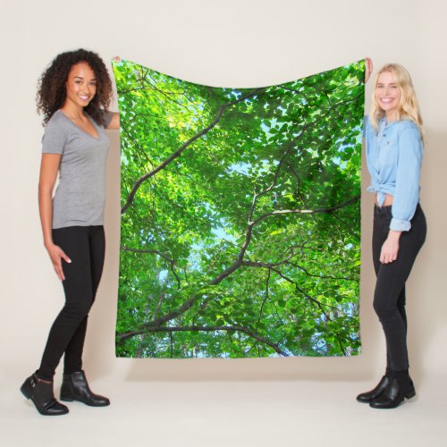 Canopy of Green Leafy Branches with Blue Sky Fleece Blanket