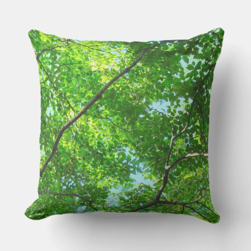Canopy of Green Leafy Branches with Blue Sky Outdoor Pillow