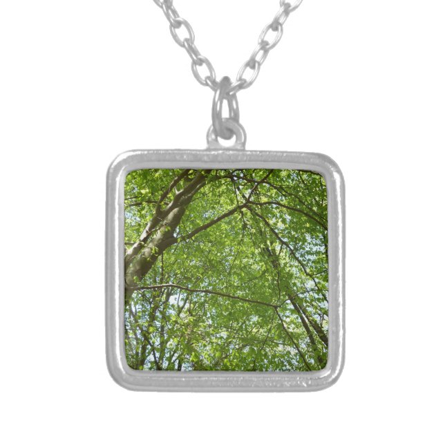 Canopy of Spring Leaves Green Nature Scene Silver Plated Necklace (Front)