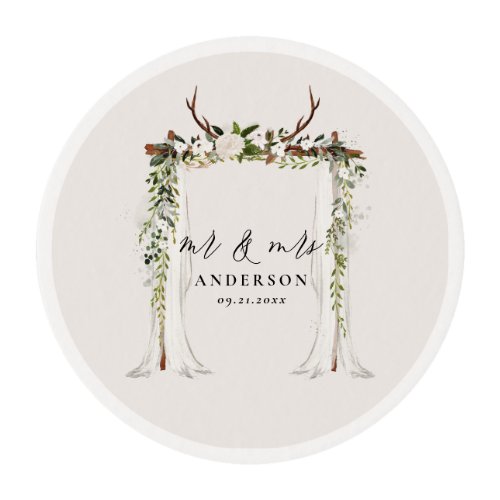 Canopy rustic botanical wedding mr and mrs script  edible frosting rounds