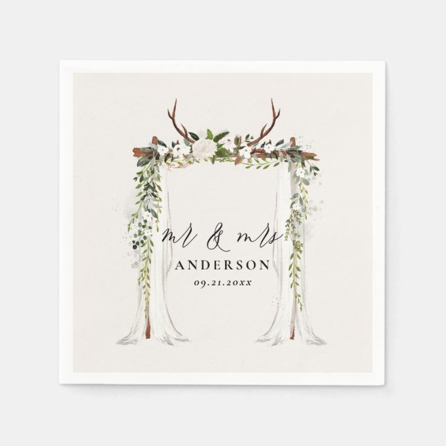 Canopy rustic botanical wedding mr and mrs script napkins (Front)