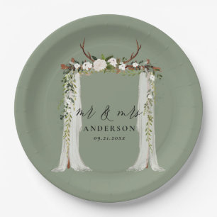 Canopy rustic botanical wedding mr and mrs script paper plates