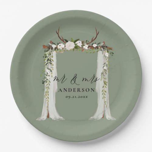 Canopy rustic botanical wedding mr and mrs script  paper plates