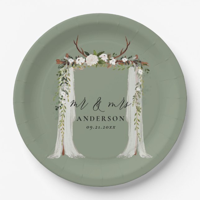 Canopy rustic botanical wedding mr and mrs script  paper plates (Front)