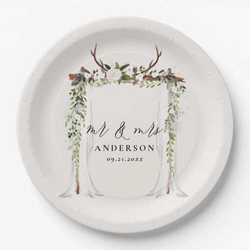 Canopy rustic botanical wedding mr and mrs script  paper plates