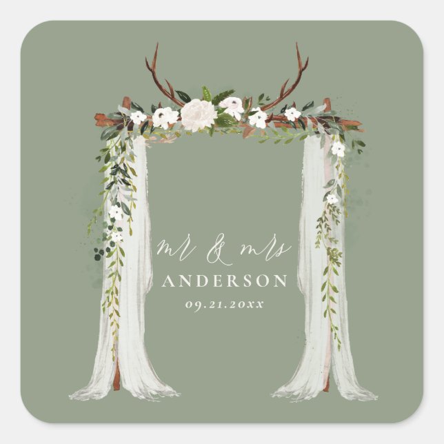 Canopy rustic botanical wedding mr and mrs script  square sticker (Front)