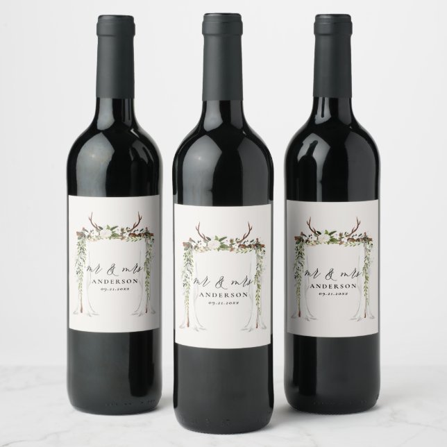 Canopy rustic botanical wedding mr and mrs script  wine label (Bottles)