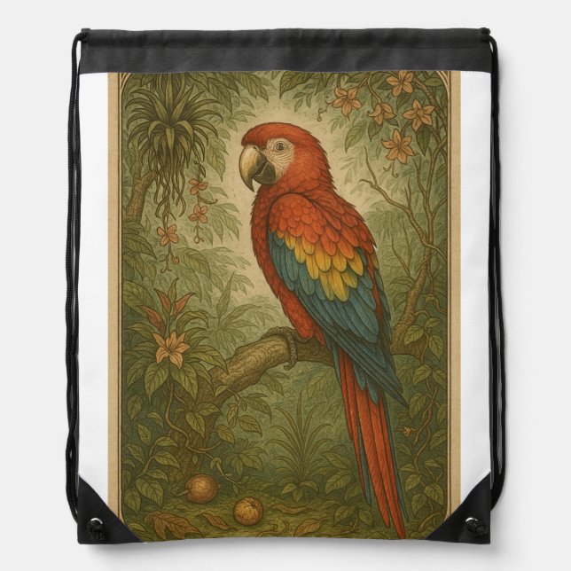 Canopy Sentinel – The Scarlet Macaw Drawstring Bag (Front)