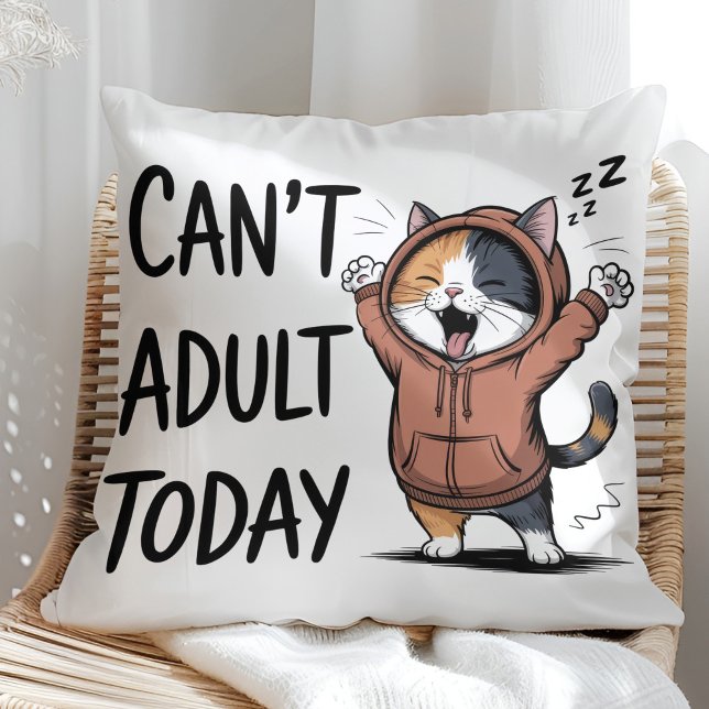 "Can't Adult Today" Funny Cat Throw Pillow ("Can't Adult Today" Funny Cat Throw Pillow in a sunny boho neutral rattan chair)