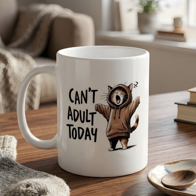 "Can't Adult Today" Funny Sleepy Cat in Hoodie Mug (Creator Uploaded)