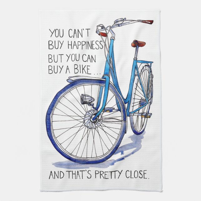 Can't buy happiness, blue bike kitchen towel (Vertical)