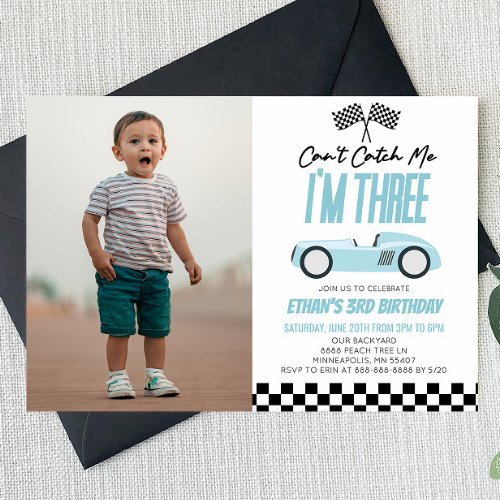 Cant Catch Me Blue Race Car 3rd Birthday Party Invitation