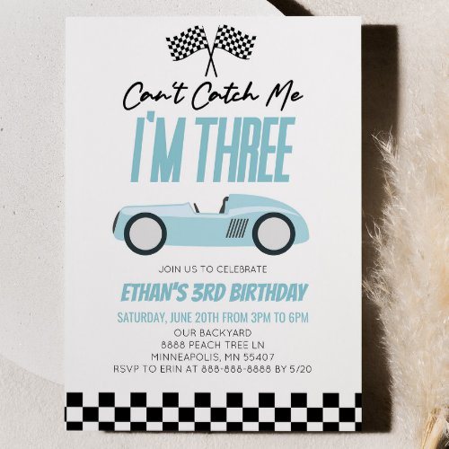 Cant Catch Me Blue Race Car 3rd Birthday Party Invitation