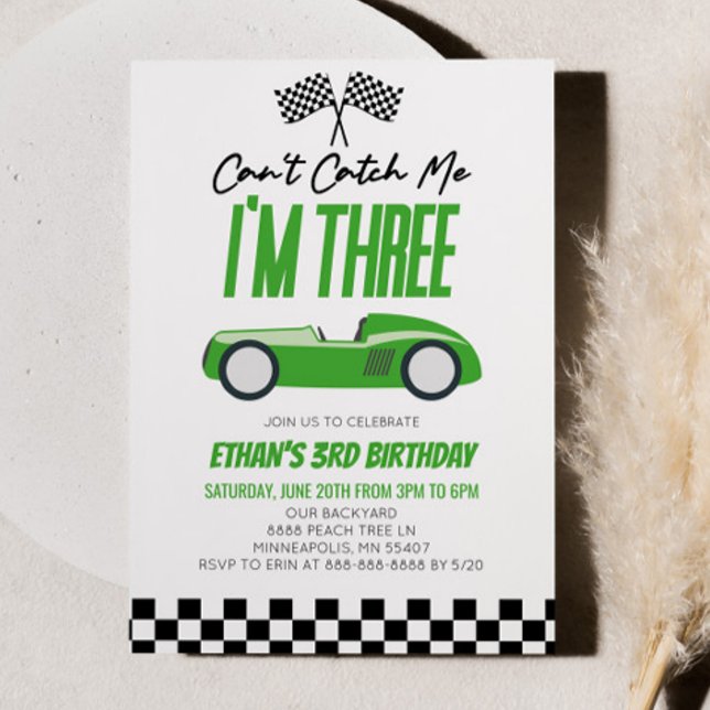 Can't Catch Me Green Race Car 3rd Birthday Party Invitation (Creator Uploaded)
