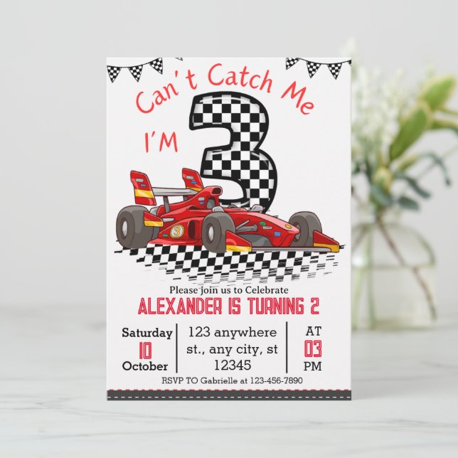 Can't Catch Me I'm 3 Red Race Birthday Boy Invitation (Standing Front)