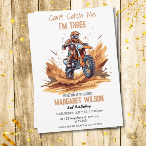 Cant Catch Me Im Three Dirt Bik Boy 3rd Birthday Invitation