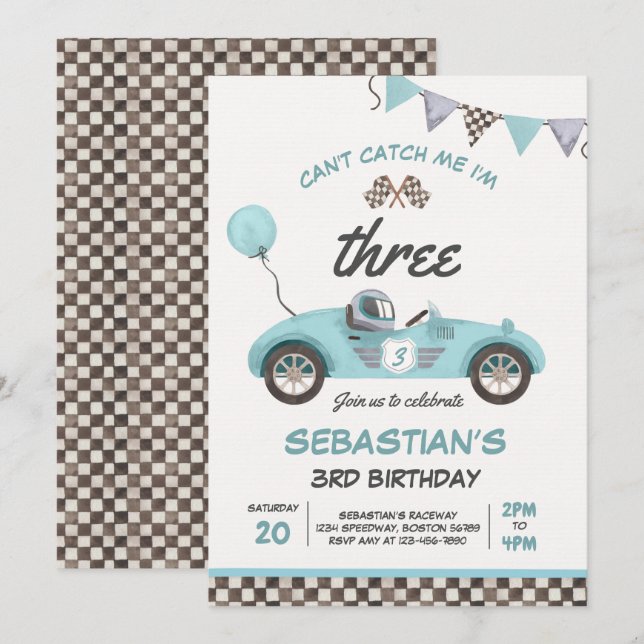  Can't Catch Me I'm Three Race Car 3rd Birthday Invitation (Front/Back)