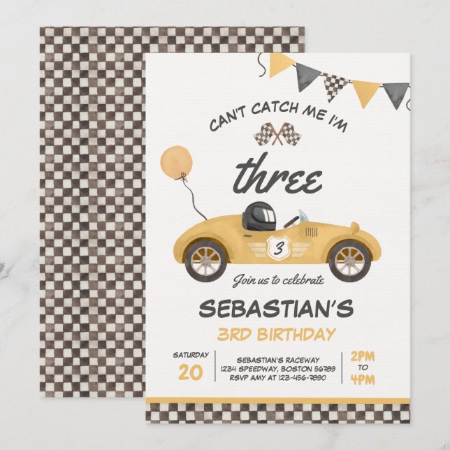  Can't Catch Me I'm Three Race Car 3rd Birthday Invitation (Front/Back)