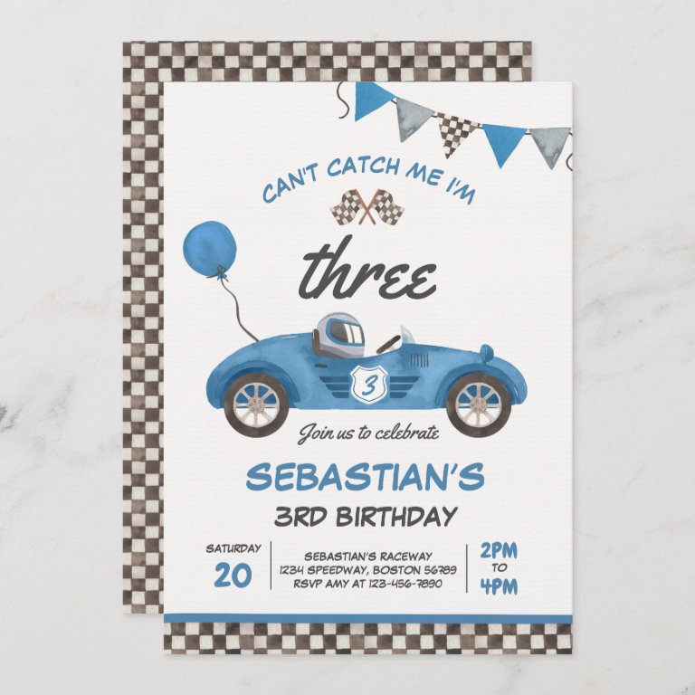  Can&#39;t Catch Me I&#39;m Three Race                    Car 3rd Birthday Invitation