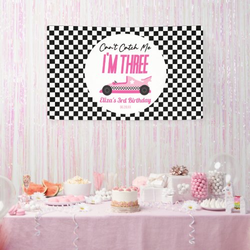 Cant Catch Me Pink Race Car 3rd Birthday Party Banner