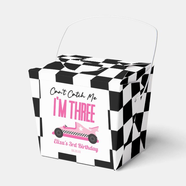 Can't Catch Me Pink Race Car 3rd Birthday Party Favor Boxes (Front Side)