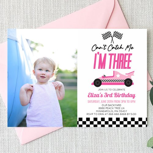 Cant Catch Me Pink Race Car 3rd Birthday Party Invitation