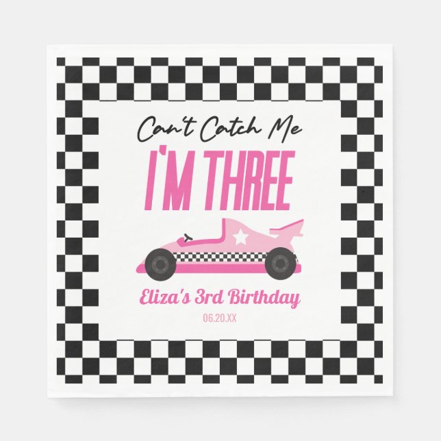 Can't Catch Me Pink Race Car 3rd Birthday Party Napkins (Front)
