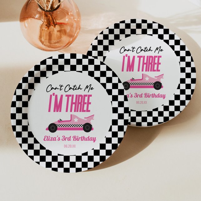 Can't Catch Me Pink Race Car 3rd Birthday Party Paper Plates (Creator Uploaded)