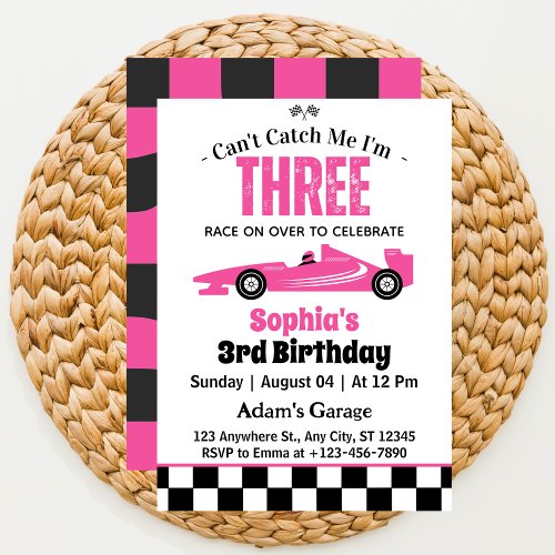 Cant Catch Me Pink Race Car Girl 3rd Birthday  Invitation