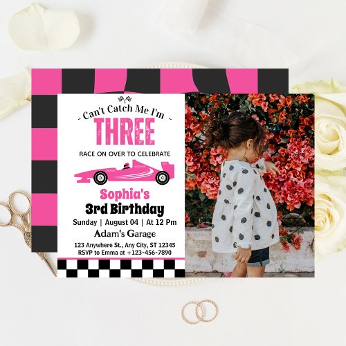 Cant Catch Me Pink Race Car Girl 3rd Birthday  Invitation