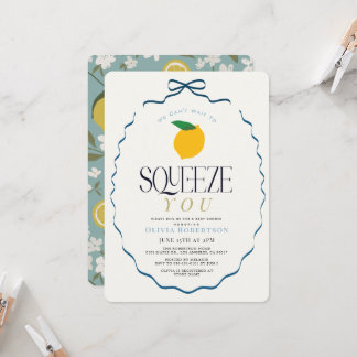 Can't Wait to Squeeze Blue Bow Lemon Baby Shower Invitation